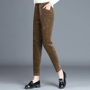 米兰登灯芯绒女裤2019秋冬高腰显瘦小脚哈伦裤休闲女士条绒松紧腰