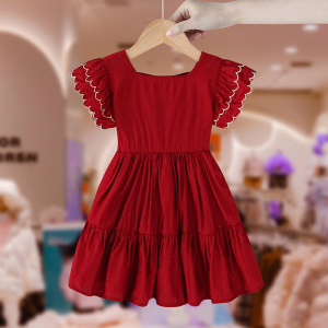 女童红色连衣裙夏季2024新款儿童装洋气女宝宝方领公主裙时髦裙子
