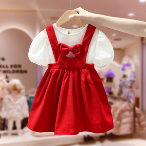 女童连衣裙夏季2024新款儿童装套装洋气红色夏款背带公主裙薄款潮