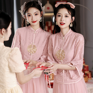 中式伴娘服粉色矮个子显瘦姐妹团礼服中国风复古修身旗袍晚礼服女
