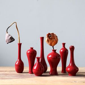 景德镇陶瓷小花瓶红色喜庆新婚乔迁新年装饰品摆件新中式复古花器