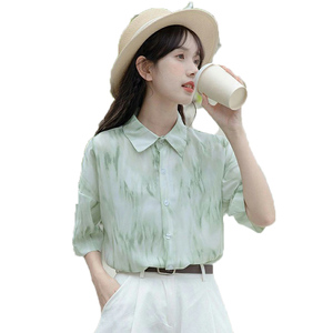 2024夏季新款雪纺衬衫女设计感小众宽松显瘦衬衣薄荷绿色短袖上衣