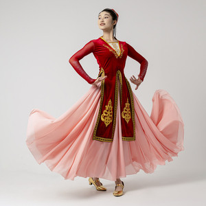 新疆维吾尔族舞蹈演出服少数民族舞大摆裙维族服饰艺考练习裙新款