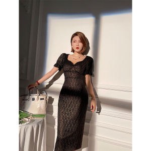 xulu原创设计黑色亮丝暗金蕾丝裙流行夏新款性感微透镂空连衣裙