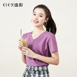 逸阳2022年夏季新款短袖t恤女v领纯色宽松白t纯棉多色t桖上衣