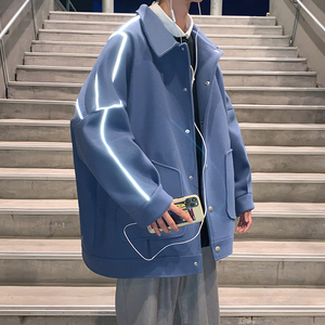 雾霾蓝呢子大衣2021新款春秋盐系日系炸街外套男ins街头痞帅夹克