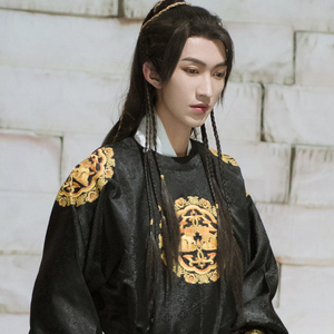 唐朝制-暮远-仿黑色织缎暗纹绣花圆领外袍男女同款汉服cp情