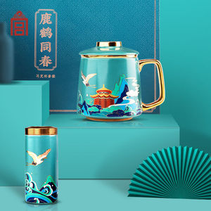 景德镇全手工盖碗茶杯手绘青花鹿鹤同春三才碗功夫茶具礼品金牛宝贝