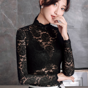 性感镂空高领蕾丝打底衫女内搭长袖2020春装新款欧货蕾丝衫上衣潮