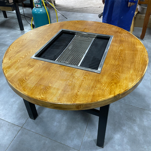 商用家用实木桌面燃气无烟自助铁板烧烤桌烤肉桌子烧烤架烧烤炉子