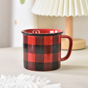 美式复古红黑格子杯家用英伦风马克杯牛奶杯咖啡杯极简出口陶瓷杯