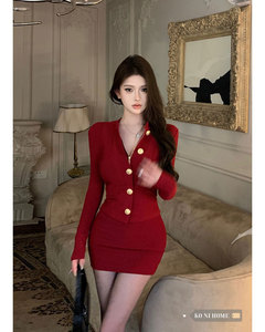 套装女法式气质名媛风红色长袖上衣春季新款高腰包臀长短裙两件套