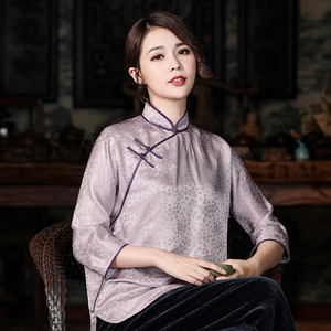 新中式偏襟真丝提花缎七分袖女士上衣复古手工盘扣桑蚕丝立领外套