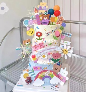 韩系ins复古小熊蛋糕装饰笑脸太阳花蜡烛彩虹气球甜品插件插件
