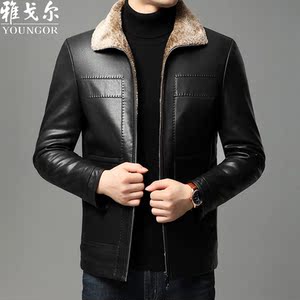 雅戈尔皮衣男士绵羊皮加绒皮夹克中老年保暖羽绒真皮毛一体外套厚