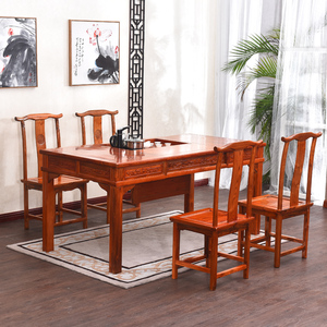 明清仿古实木茶桌客厅家用大茶台四抽茶桌椅组合榆木雕花办公桌椅
