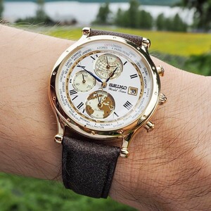 精工seiko大航海家手表男seiko限量版世界时间休闲复古腕表spl060