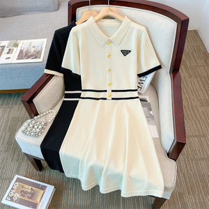 一线品牌女装外贸原单韩版学院风洋气减龄Polo针织短袖薄款连衣裙