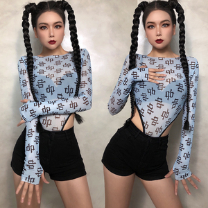 2022酒吧ds演出服女gogo领舞服爵士舞队牛仔短裤蓝色透视高叉连体