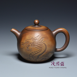 【茂源盛】台湾张世奇手工复古风窑变陶生肖茶壶程刚雕刻-龙280ml