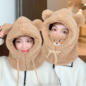 可爱小熊口罩帽子女冬季韩版保暖护耳帽围巾一体骑车加毛绒雷锋帽