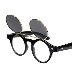 蒸汽朋克风格可翻盖太阳眼镜平光镜两用 欧美复古男女墨镜可配镜