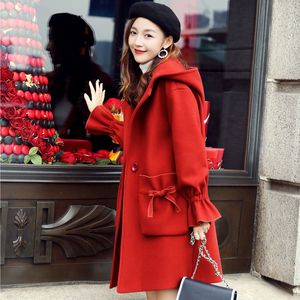 爆款红色连帽毛呢中长款外套女时尚修身韩版秋冬季过节圣诞节妮子