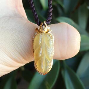 翡翠金枝玉叶吊坠冰种鸡油黄翡树叶子挂件18k金镶嵌天然a货玉坠子