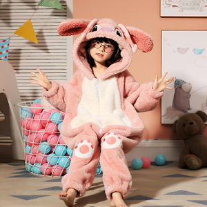 女童连体睡衣女秋冬季加厚珊瑚绒卡通小兔子中大儿童法兰绒家居服