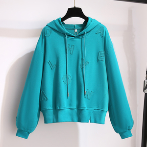 蓝绿色连帽卫衣女短款2022年早春秋季新款宽松带帽上衣小众设计感