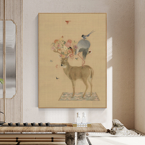 新中式动物纯手绘油画梅花鹿仙鹤喜鹊客厅装饰画寓意好玄关挂画