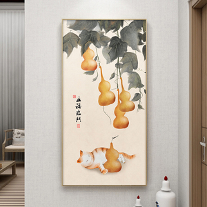 五福临门葫芦手绘油画玄关装饰画新中式福禄国画客厅正对大门挂画