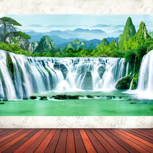 订做山水画海报瀑布油画布挂画流水生财图风景贴画居家装饰大墙画