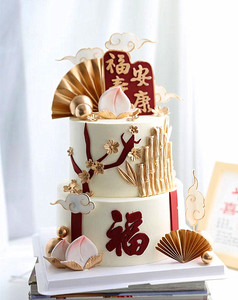 烘焙蛋糕装饰福寿安康寿桃金竹扇硅胶模爷爷奶奶祝寿生日甜品摆件
