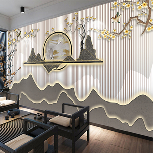 古典中式饭店装修墙纸轻奢客厅壁画美容装饰壁纸3d仿木纹茶室墙布