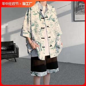 冰丝短袖衬衫男夏季新中式男装中国风复古花衬衣套装改良唐装汉服