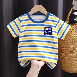 婴儿短袖t恤衣服新款纯棉女童男童夏装童装上衣0岁1幼儿3宝宝条纹