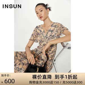恩裳蔻夏季新款v领休闲时尚收腰修身法式印花连衣裙中长款