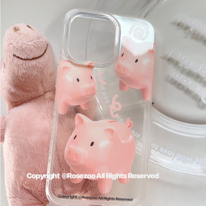 玫瑰动物园原创可爱粉色小猪适用苹果13/14pro手机壳iphone15promax新款mate60pro搞怪全包透明双层手机壳