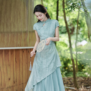 茶服别致绝美裙子新中式女装夏季清冷感禅意晕染旗袍设计感连衣裙