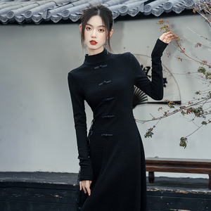 新中式女装春季盘扣国风长袖酷飒风连衣裙黑色超长裙到脚踝气质女