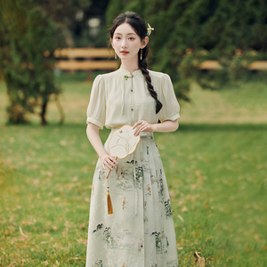 复古中国风女装两件套裙装夏立领对襟盘扣上衣+马面裙套装新中式