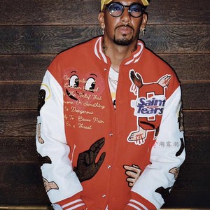 saint michael 詹姆斯联名 皮袖拼接刺绣 男女夹克棒球服外套 潮