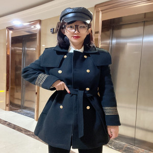 军阀风毛呢大衣女2022早春新款双排扣加棉时尚洋气黑色呢子外套潮