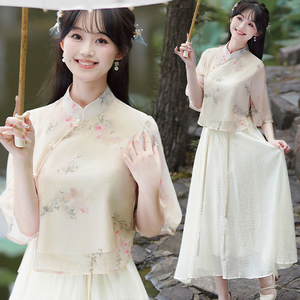 年轻款少女旗袍上衣两件套新中式国风套装复古印花改良古装女旗袍