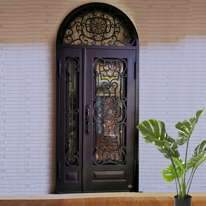 北京定制别墅家用弧形双开门铁艺户门欧式铁玻璃门中空玻璃入户门