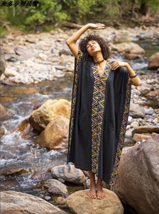 情侣印花长衫外罩非洲部落图案民族风长袍口袋裙女Africa Dress