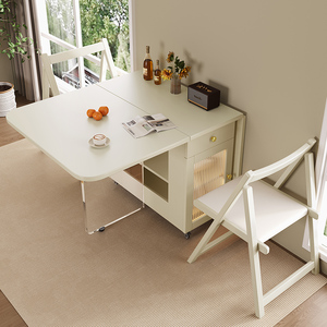 轻奢奶油风岩板餐桌椅组合出租房可伸缩长方桌小户型家用折叠饭桌