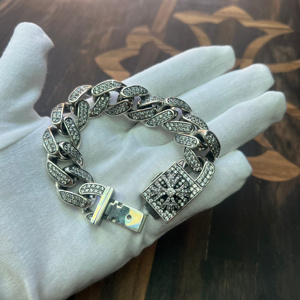 复古八克罗心潮牌纯银方十字满钻手链925银镶钻石男士粗款手环