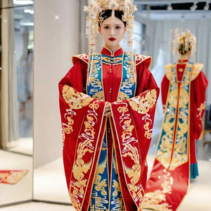 秀禾服拖尾2021新款古装嫁衣改良汉服红蓝撞色结婚礼服中式新娘服